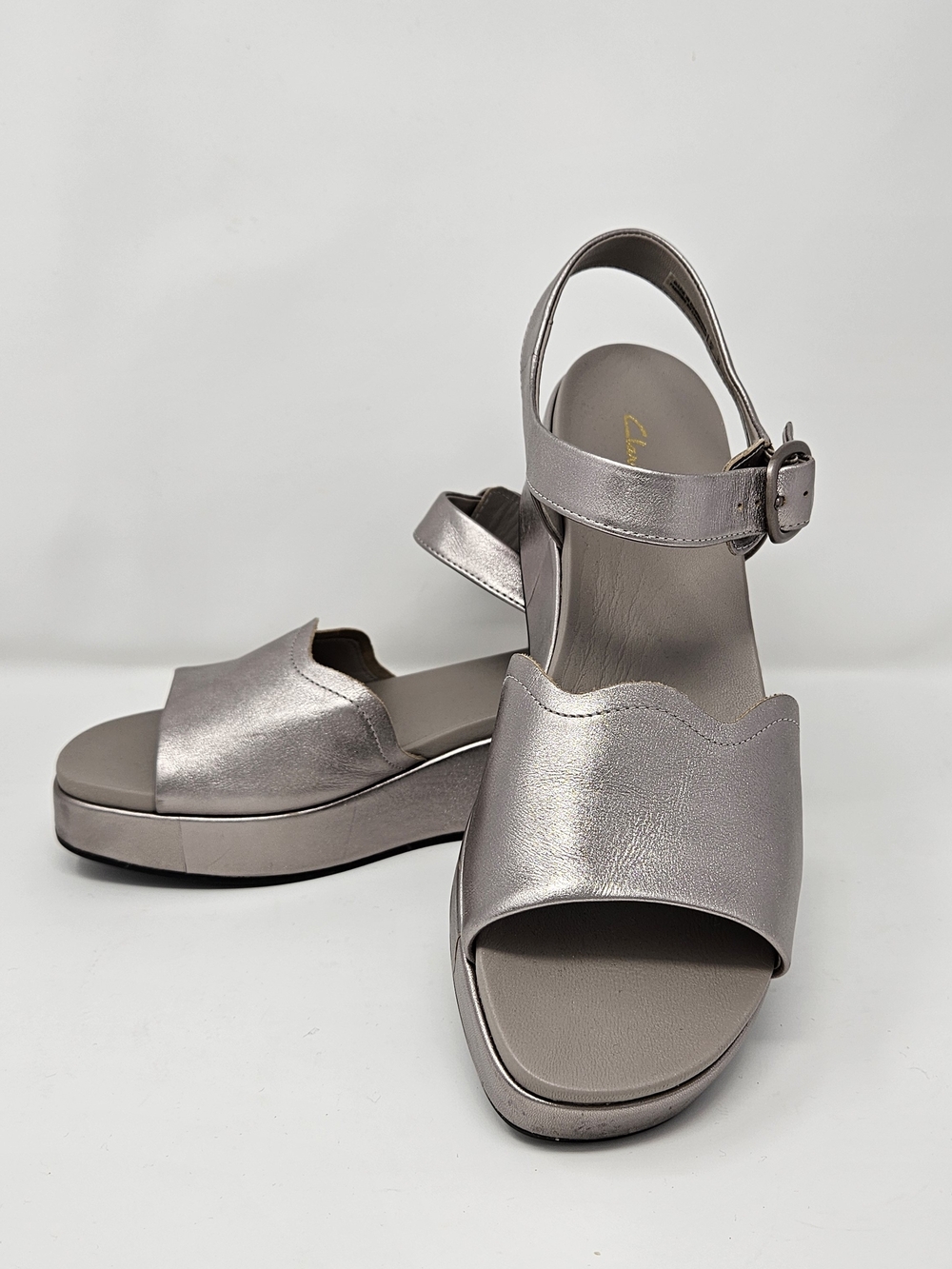 Clarks Women's Metallic Pewter Ankle-Strap Platform Sandal